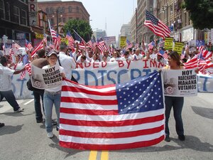 Activists marching in street